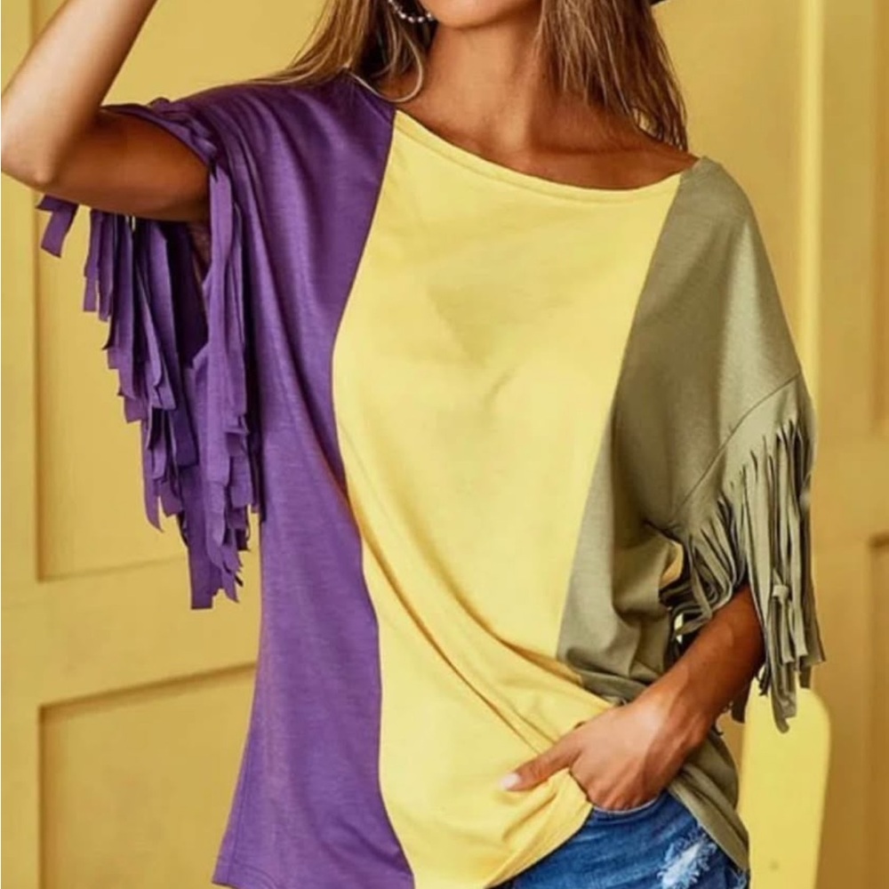 Colorblock Fringe Sleeve Top